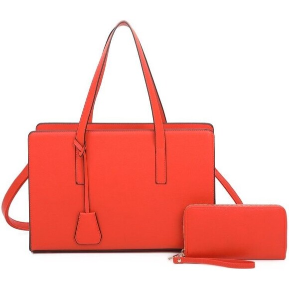 Women's 2pcs Orange Pebbled Boxy Satchel Handbag and Wallet Set - Picture 1 of 3
